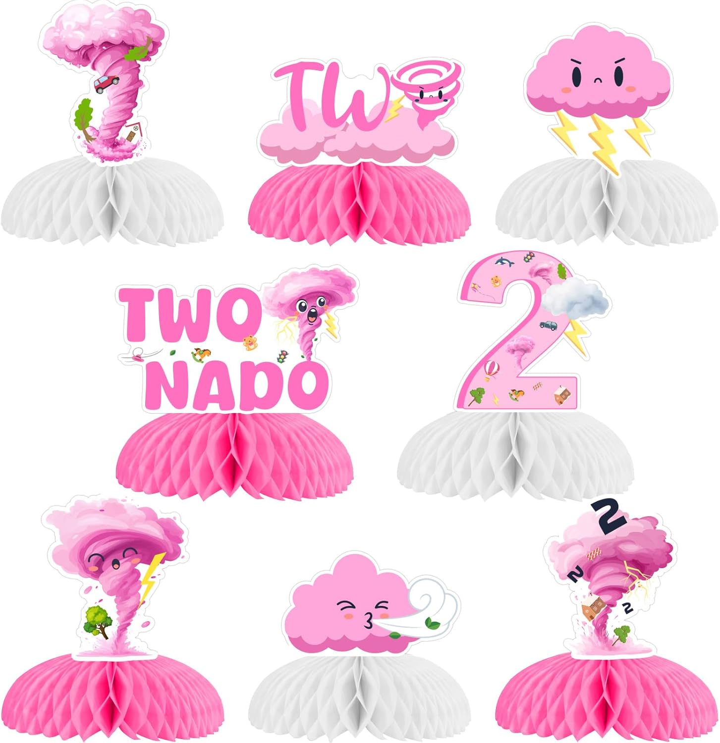 Two Nado Birthday Party Decoration Girl, 8pcs Two Tornado Honeycomb Centerpiece Pink Tornado Storm Cloud Table Decoration for Tornado 2nd 2 Year Old Birthday Decorations Girl