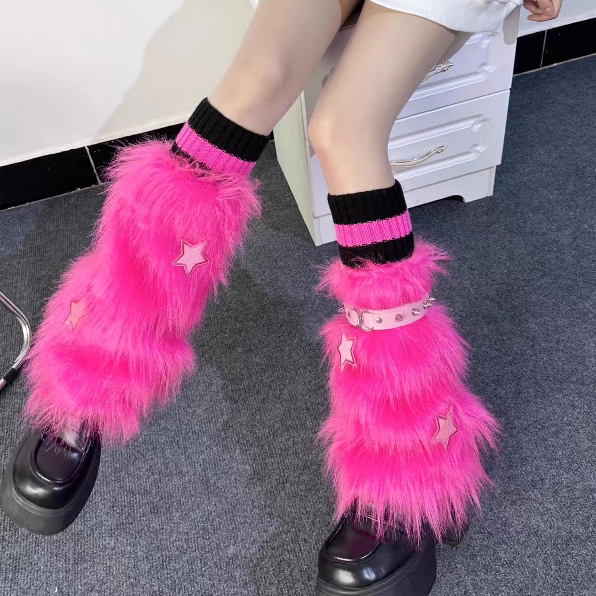 Furry Leg Warmers for Women 3in1 Kawaii Star Bone Plush Y2K Leg Socks Pink Lolita Faux Fur 80s Harajuku Punk Gothic