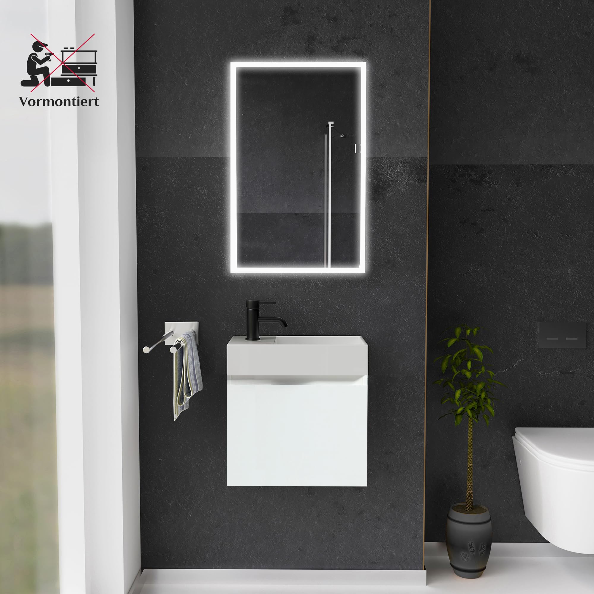 Alpenberger Gäste WC Waschbecken mit Unterschrank 45 cm Breit | Waschtisch Set Klein | Aufsatzwaschbecken Waschtischunterschrank Hängend | Möbel Bademöbel-Set | Waschbeckenunterschrank Weiß