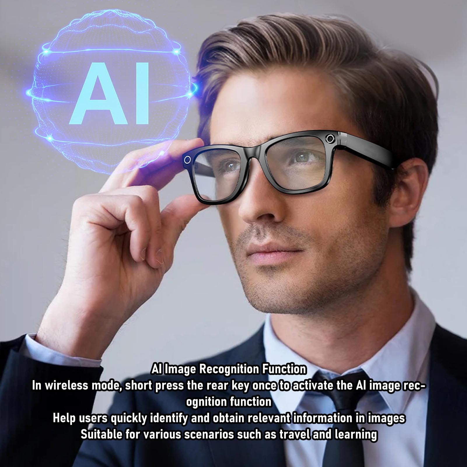 Naroote Lunettes Intelligentes IA, Lunettes avec Caméra Bluetooth 1080P avec Reconnaissance d'image IA, Prise en Charge de la Traduction en Temps Réel, pour l'Extérieur, l'Intérieur