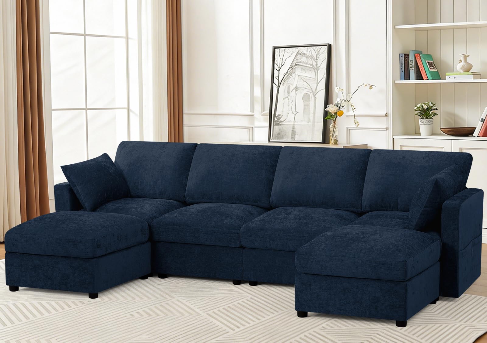 110 Chenille 4 Seater Sofa W Movable Ottomans Modern Fabric U-Shaped Couch w Soft Backrests Upholstered Sectional Sofa