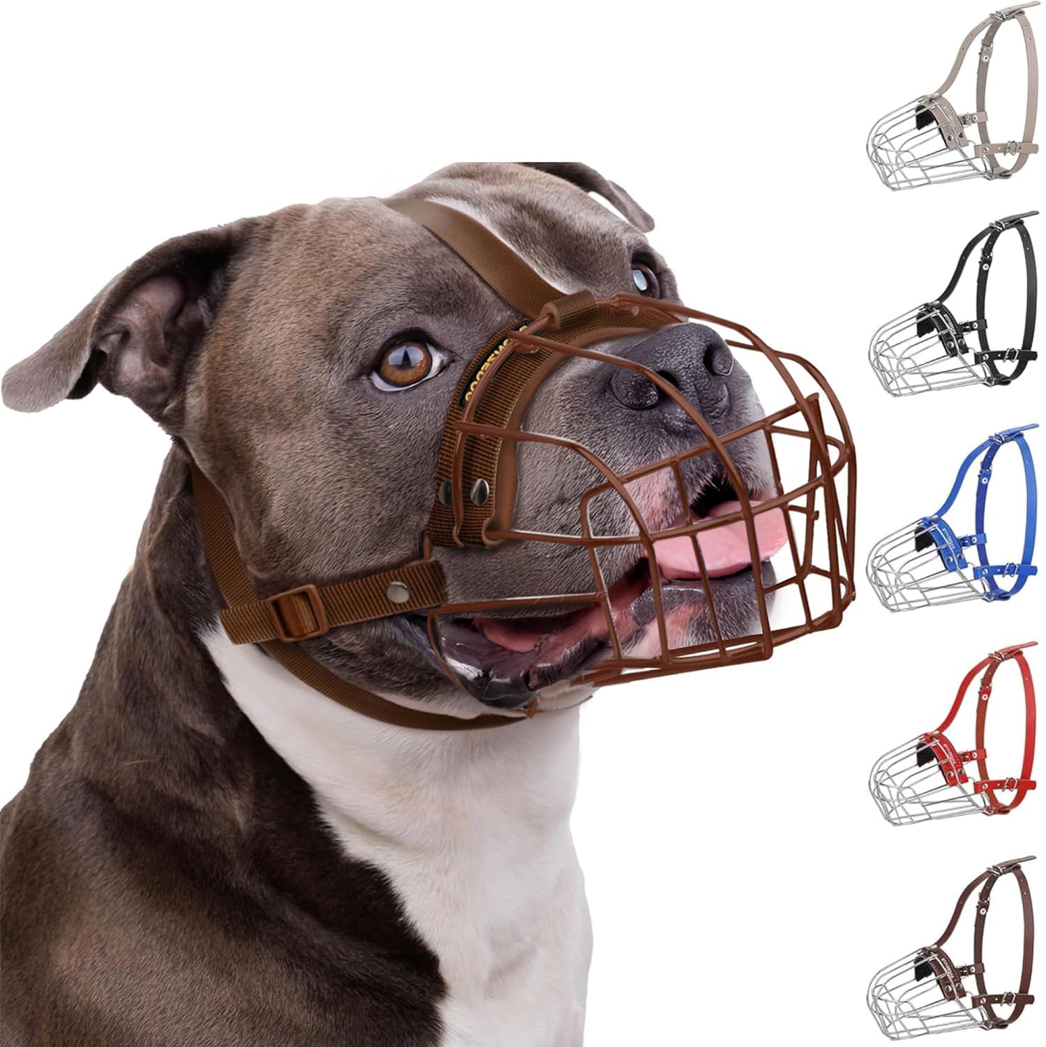 BRONZEDOG Pitbull Dog Muzzle Adjustable Metal Mask Wire Basket for Amstaff, Pit Bull, Large Dogs (Nylon, Brown)