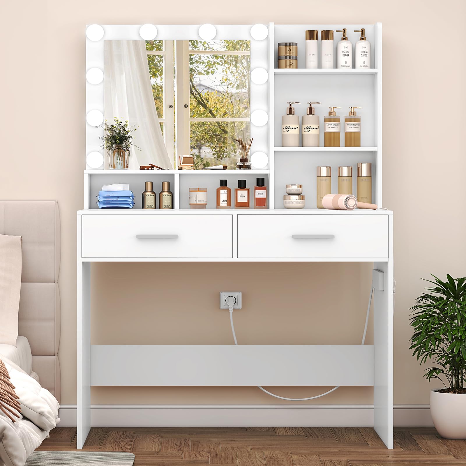 Usikey Tocador de Maquillaje Con Iluminación LED y Enchufe, Mesa Con Espejo, 2 Cajones y 2 Estantes, Estilo Moderno, Vanity Para Dormitorio, Blanco