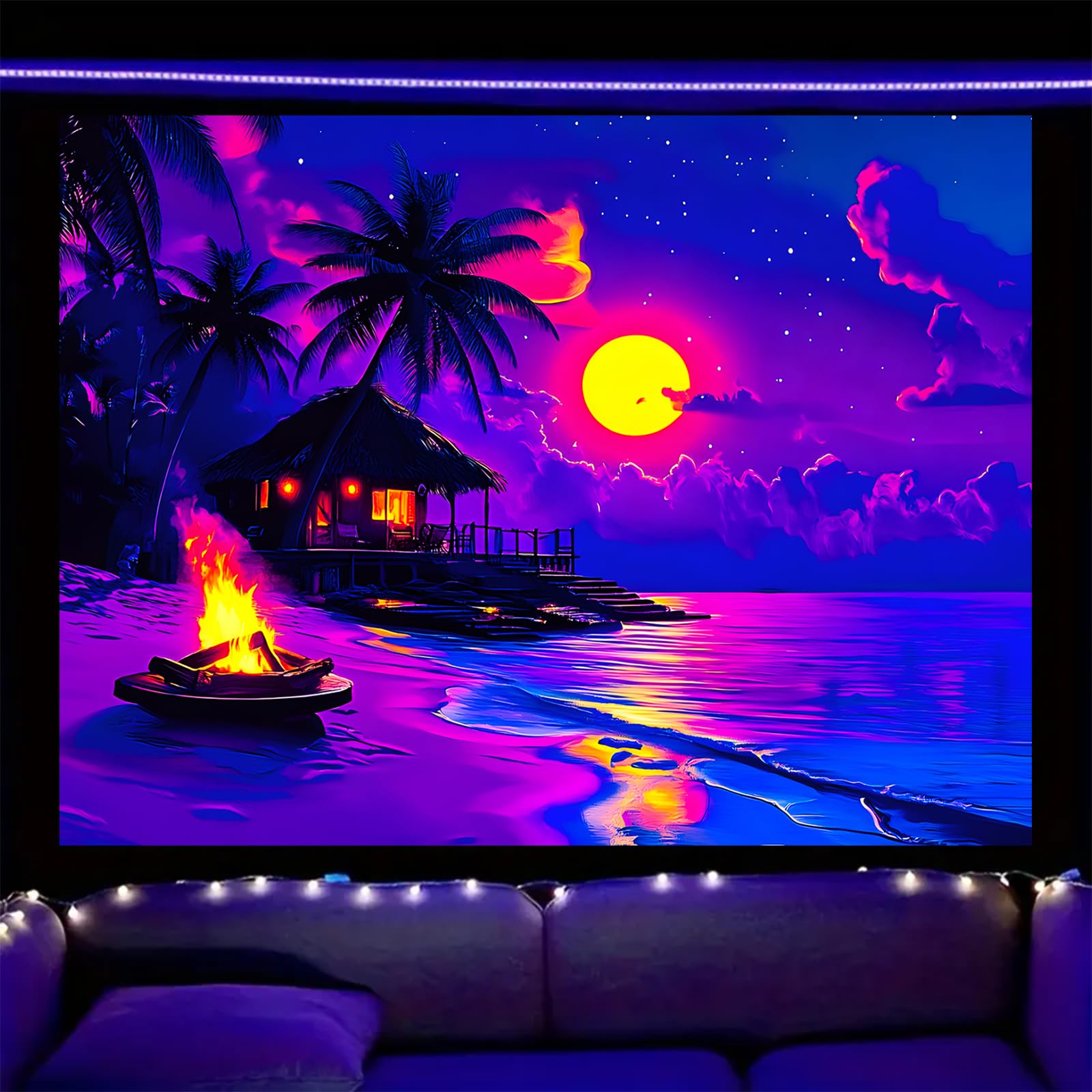 Nuxovilar Tropical Beach UV Reactive Tapestry, 78.74"x59.05" Polyester