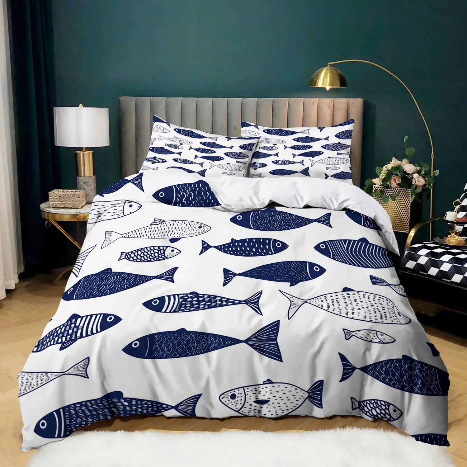 Parure de lit garçon et fille avec housse de couette microfibres 240x220 motif abstrait bleu