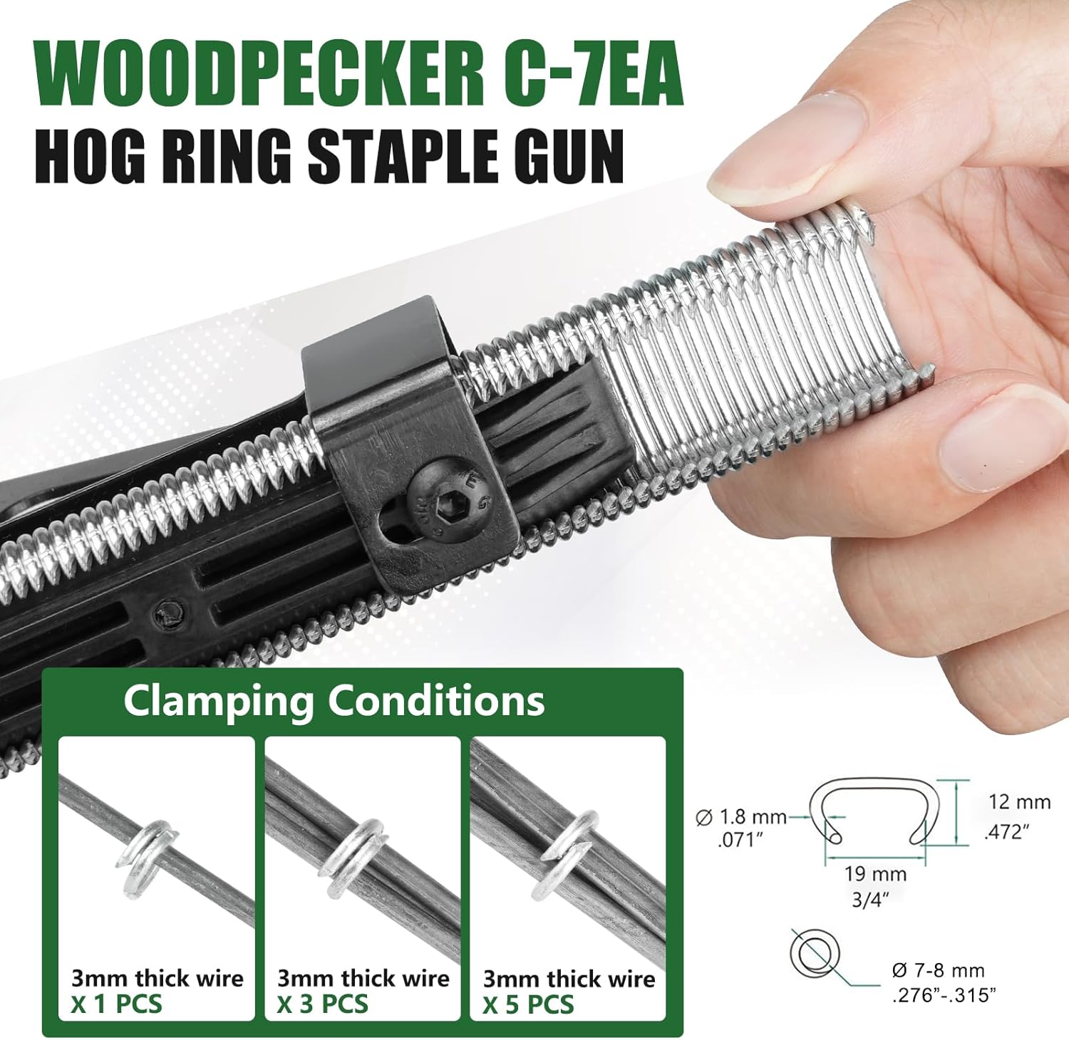 Woodpecker C-7EA 15 Gauge Pneumatic Hog Ring Gun Kit, 3/4-Inch Crown Air Power Long Nose C Ring Gun, 7-8mm Closure Diameter Hog Ring Tool, Fencing Plier for Railing, Spring Mattress, Car Seat