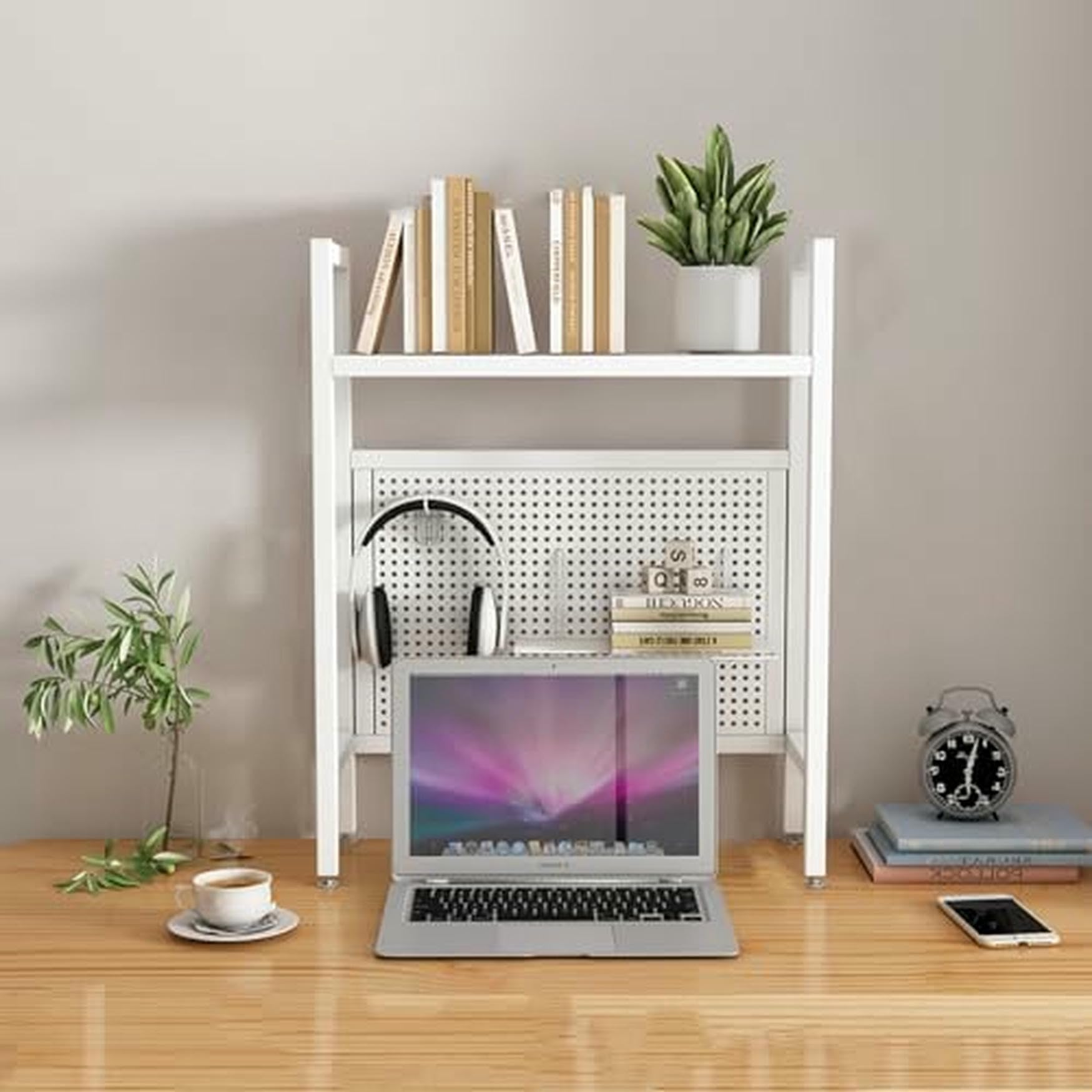 CWCQGH Black Desktop Hutch & Bookshelf - 95cm Student Pegboard Bookcase for Dormitory & Home Office - Computer Desk Storage Rack & Display, Single Layer Organization Solution,White Single Layer-55cm