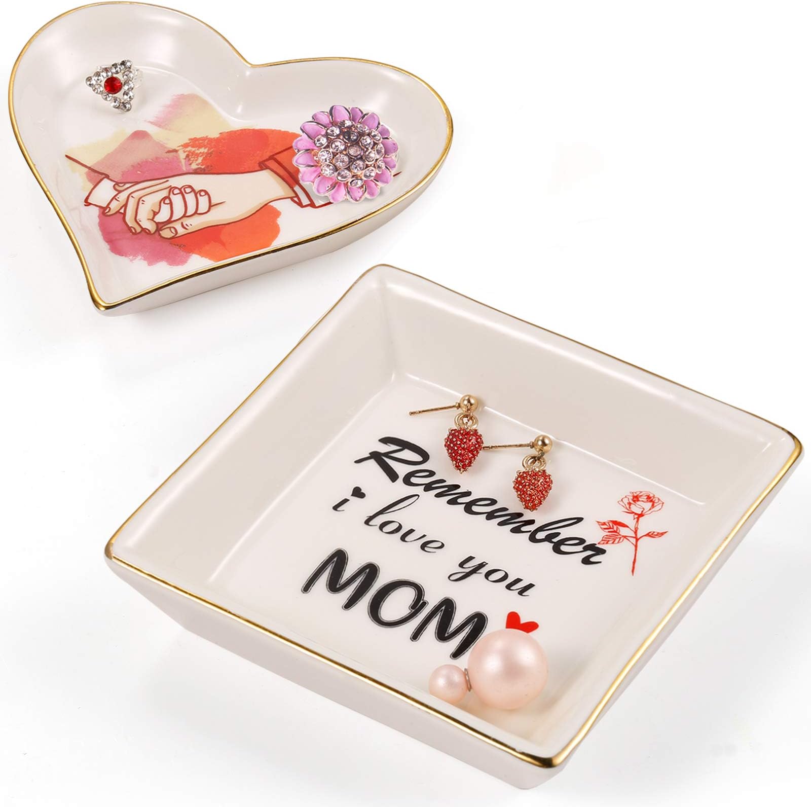 Gifts for Mom Ring Jewelry Dish- Women Gifts, Cute Decorative Trinket Tray Ceramic Square and Heart Shape for Mothers Grandma Birthday Thanksgiving Day Gift (Mom-1)