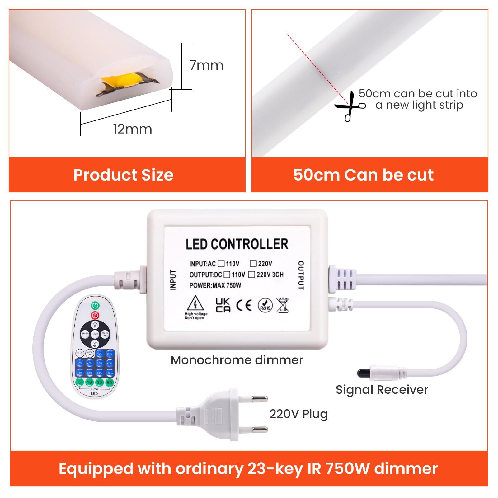220V Néon Ruban à LED 17m,288LEDs/M Neon COB LED Strip Light,23 clés IR Dimmable Rope Lights,750W Flex Waterproof Neon Bande Lumineuse for Indoors Bedroom TV Backlight Cabinets DIY Decor