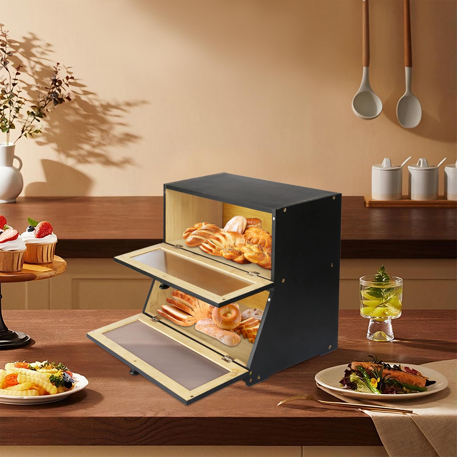 HUOLE Boîte à Pain Bambou 2- Couche Countertop Boîte en Bois pour Cuisine, Huche,pour le stockage du pain-40 x 33 x 25 cm - Bambou - Noir