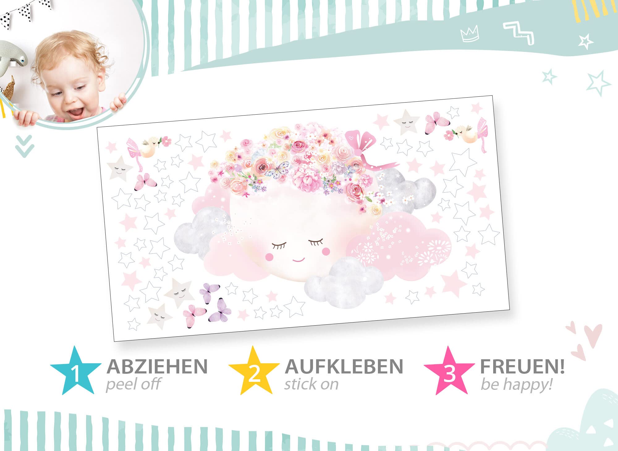 Wandtattoo Rosa Mond & Wolken – Babyzimmer-Deko, 72x44 Cm | Selbstklebend, Kinderfreundlich
