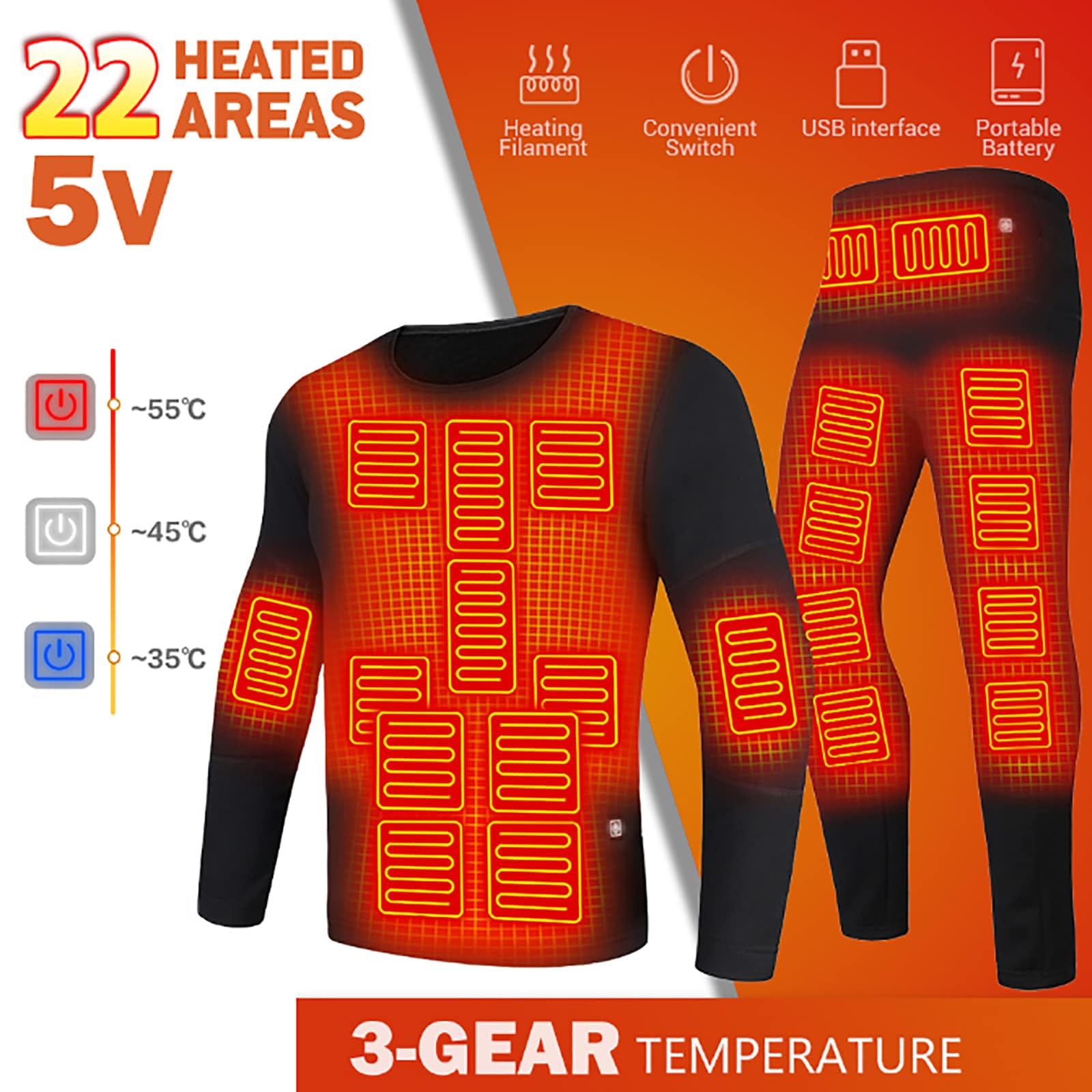 Set di Biancheria Intima Riscaldata Elettrica Invernale, Tuta Intima Riscaldante USB Lavabile, 22 Zone di Riscaldamento + 3 Regolazioni della Temperatura (25℃-55℃), per Lo Sci,S,Woman