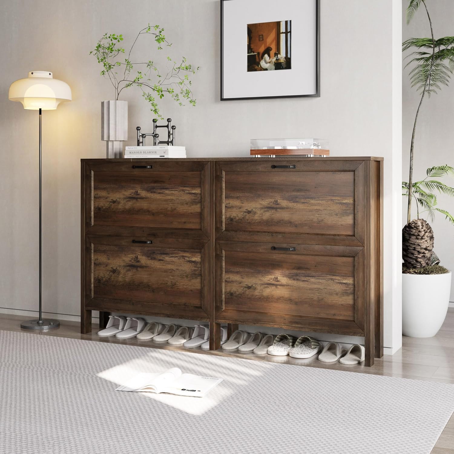 LOUVIXA Shoe Cabinet with 4 Flip Drawers, Narrow Shoe Storage Cabinet, Freestanding Shoe Cabinet Organizer, Hidden Shoe Rack Cabinet for Entryway, Hallway (4-Drawers, Brown/4-drawers)