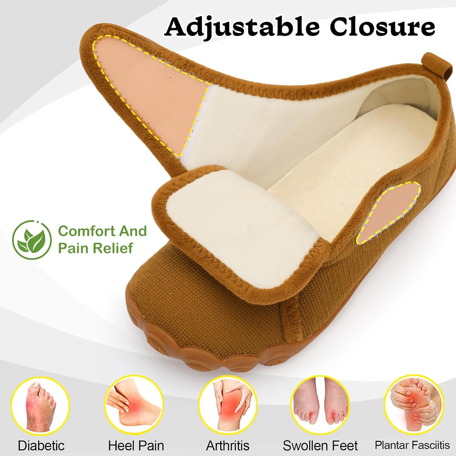 relxfeet Men's Slippers Wide Width Adjustable Orthopedic Diabetic House Shoes for Neuropathy Swollen Feet Relief Non-Slip Rubber Sole Indoor Outdoor - Image 4