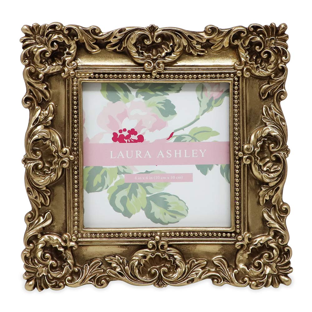 Laura Ashley4x4 Gold Ornate Textured Hand-Crafted Resin Picture Frame with Easel & Hook for Tabletop & Wall Display, Decorative Floral Design Home Decor, Photo Gallery, Art, More (4x4, Gold)