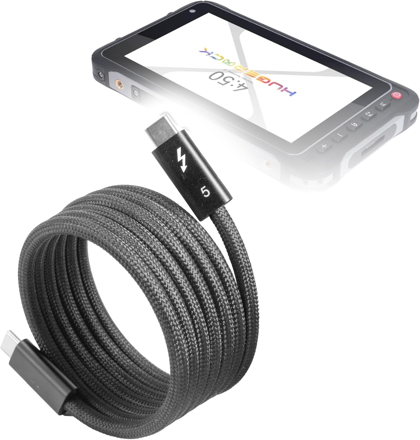 BoxWave Cable Compatible with HUGEROCK X72 Rugged Tablet (7 in) - SnapWrap Thunderbolt 5.0 Cable (5ft 240W), Magnetic Self-Coiling Nylon Braided Retractable - Jet Black
