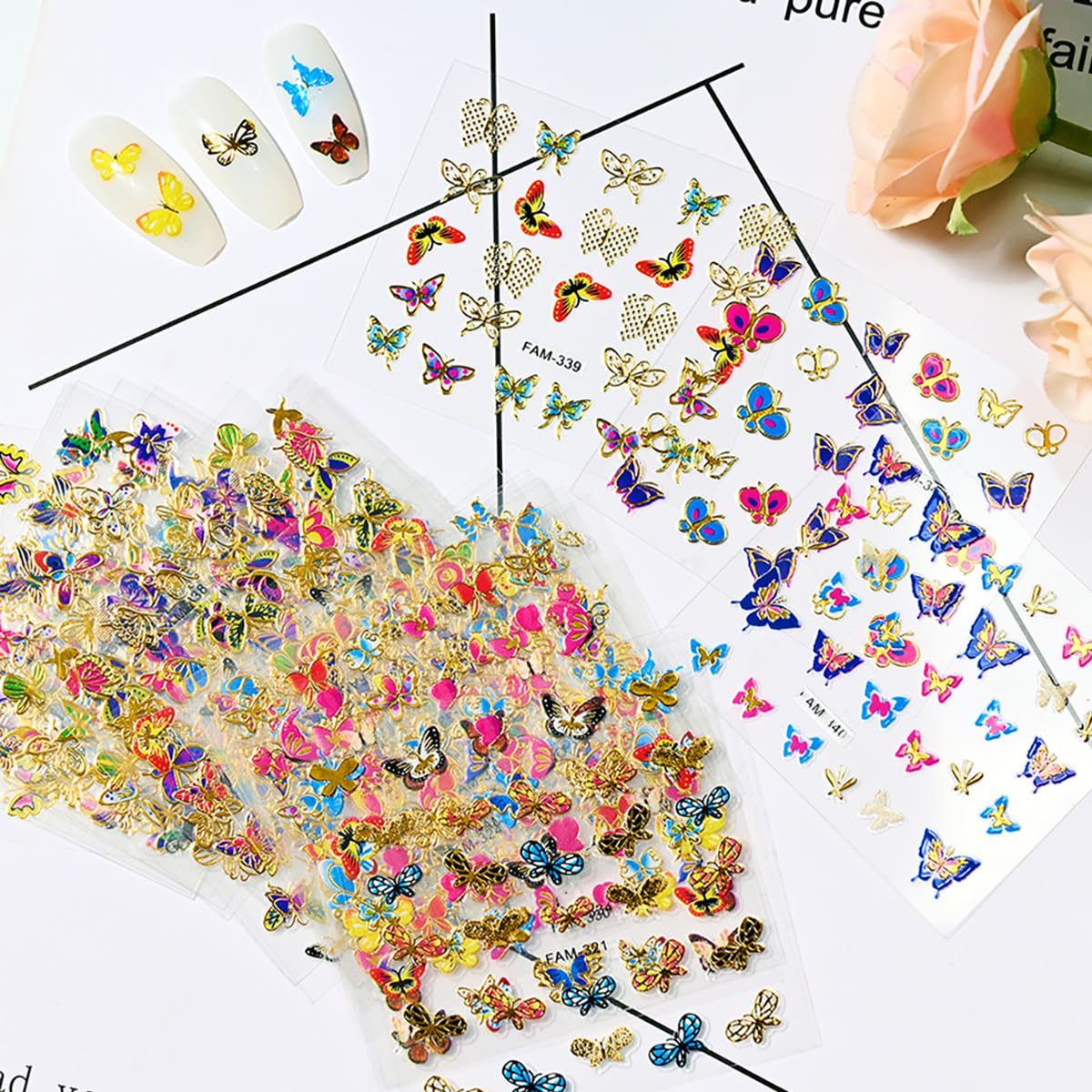 30pcs Colorful Butterfly Nail Stickers - 3D Self-Adhesive Decals with Gold Nail Art Designs - Supplies for Women & Girls