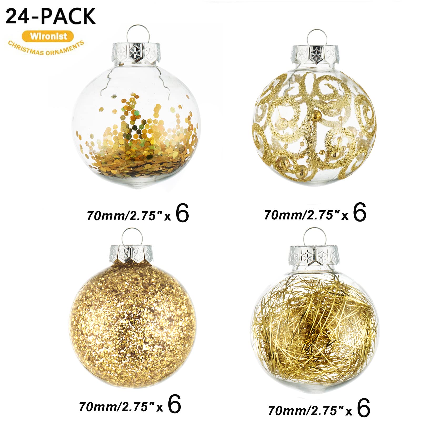 Wironlst Adornos de Bola de Navidad de 2.76 Pulgadas, inastillables, de plástico Transparente, Grandes, para Colgar, Juego de Bolas Decorativas con Relleno Delicado (24 Unidades, Dorado)