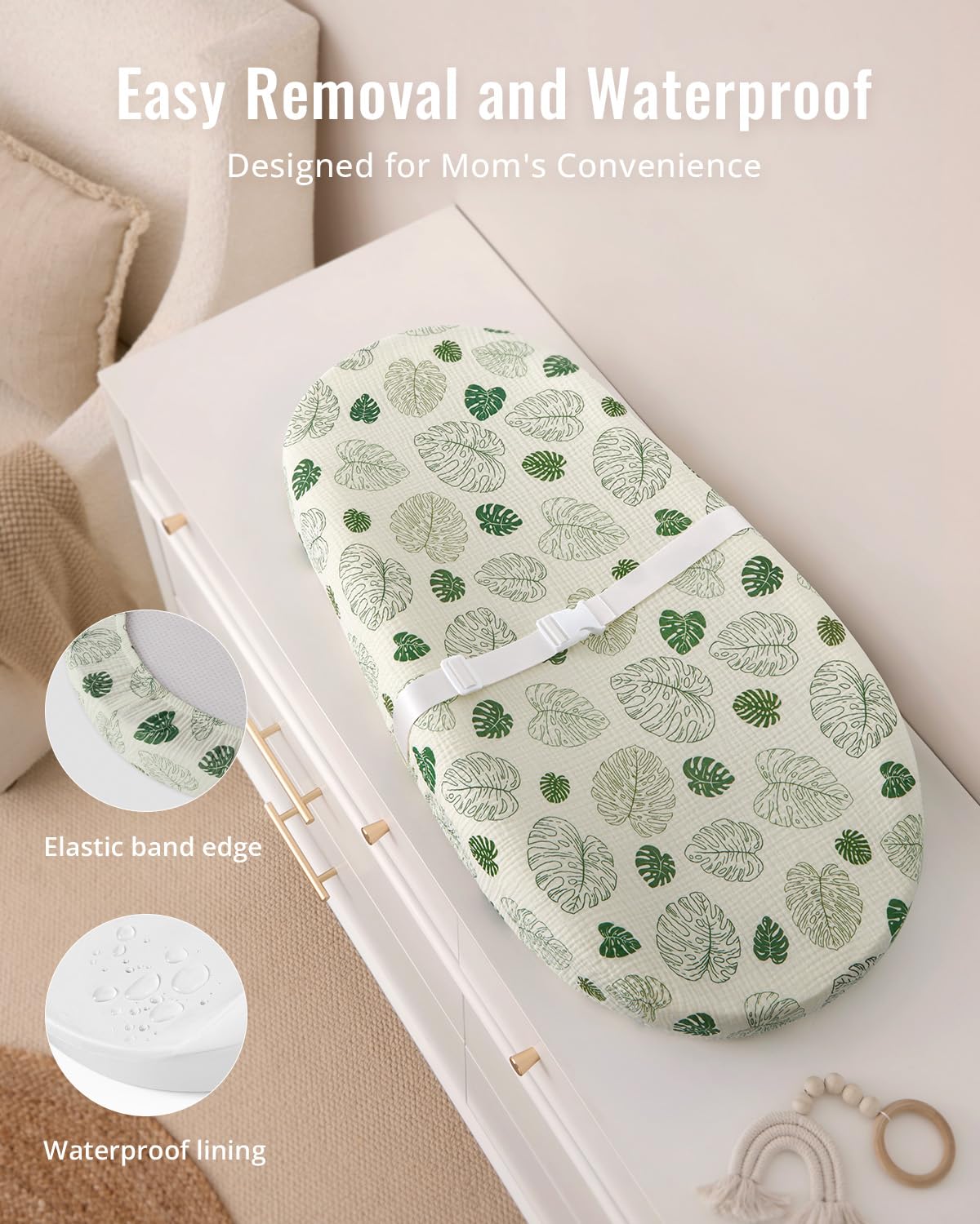 Blissful Diary Fasciatoio in mussola, con fodera impermeabile in schiuma, con copertura, per cassettiere (Monstera, avocado)