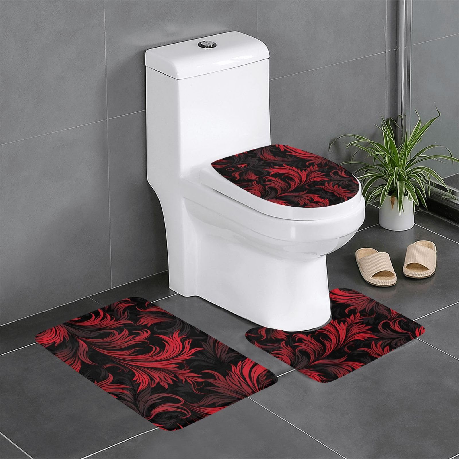 Tapis de salle de bain 3 pièces lavable ensemble tapis WC et couvercle noir et rouge