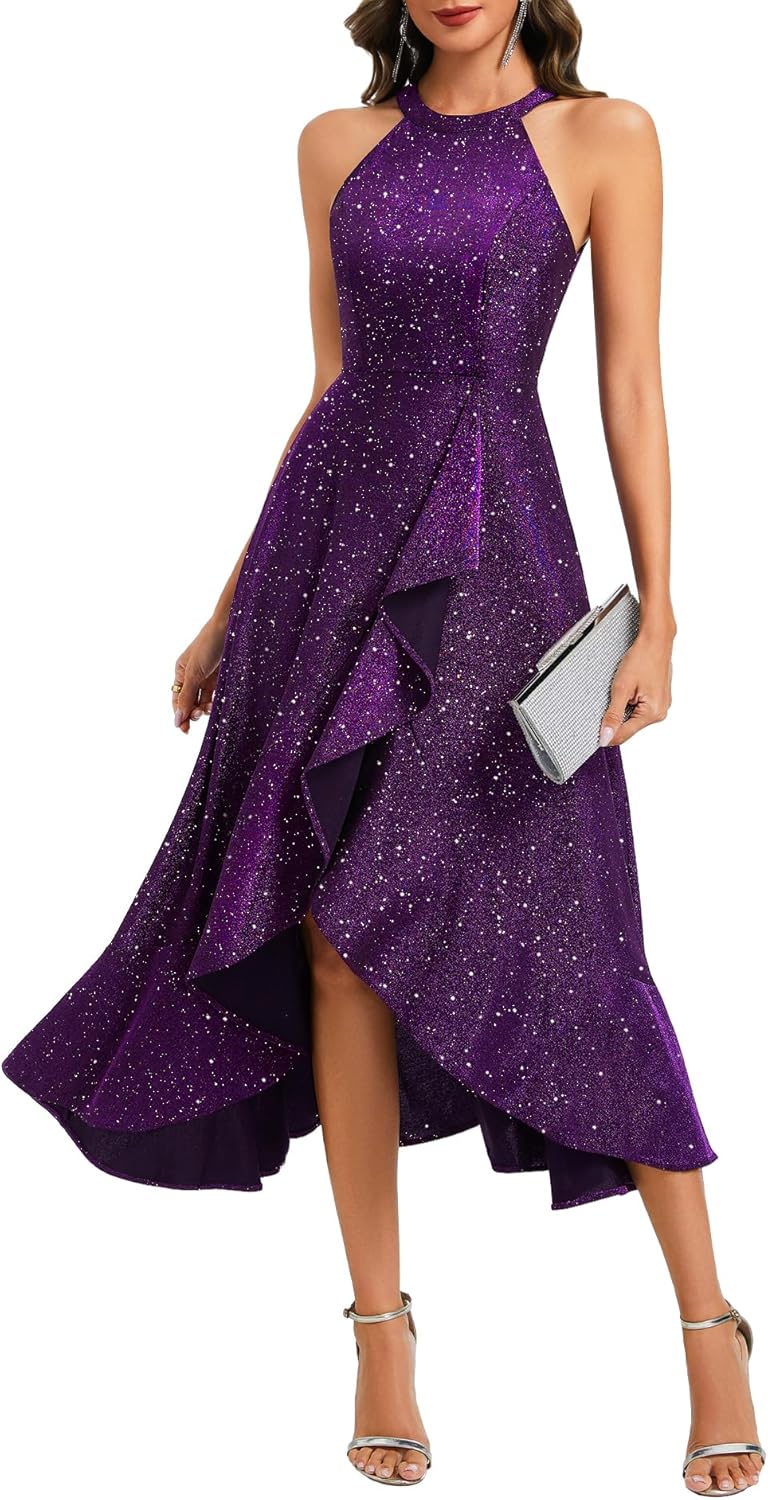 Dressystar Women Halter Sequin Maxi Formal Dress 2026 Sparkly Split Ruffle Sleeveless Wedding Cocktail Prom Evening Dresses