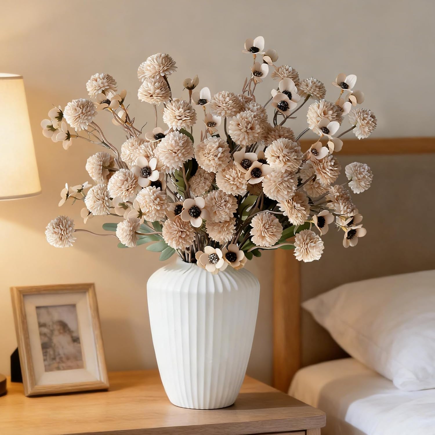 12 Pcs Fake Flowers Beige Artificial Mums Faux Pompon Kiku Mums Artificial Flowers with Long Stems Floral Arrangement, Silk Dried Flowers Home Decor Fall Decorations For Home Vase Filler(No Vase) - Image 6