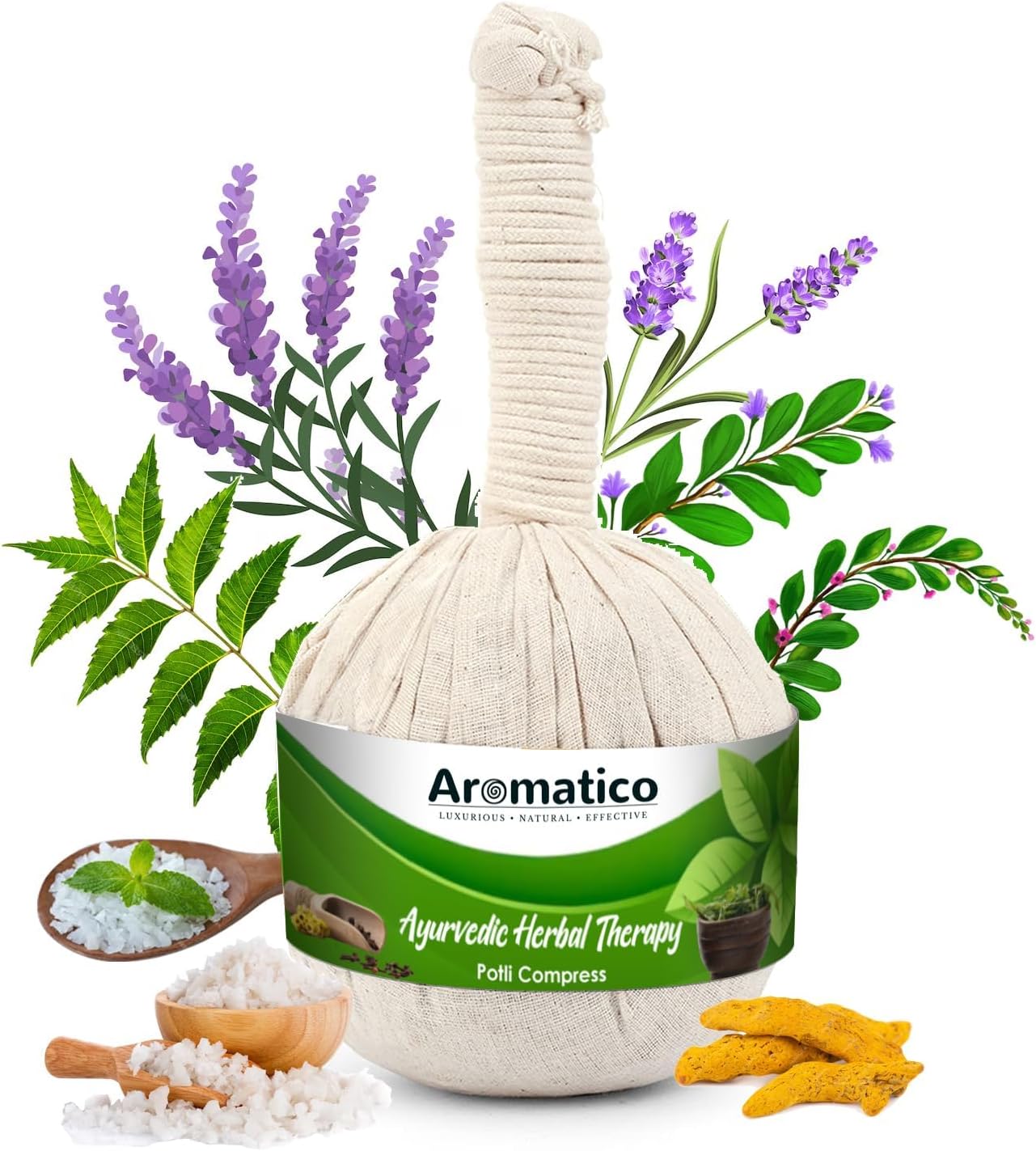 AROMATICO 100% Ayurvedic Herbal Massage Potli. Helps in Pain Relief, with healing power of Turmeric (Haldi), Neem & 17 ancient herbs. 200gm