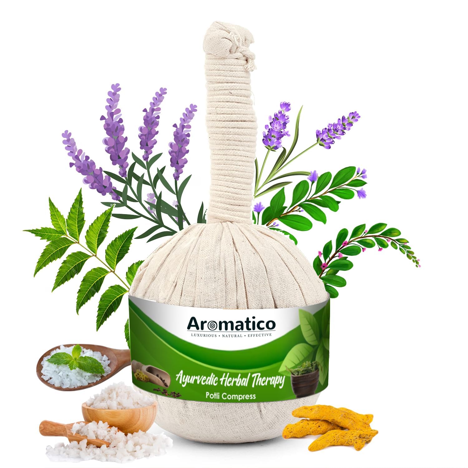 AROMATICO 100% Ayurvedic Herbal Massage Potli. Helps in Pain Relief, with healing power of Turmeric (Haldi), Neem & 17 ancient herbs. 200gm