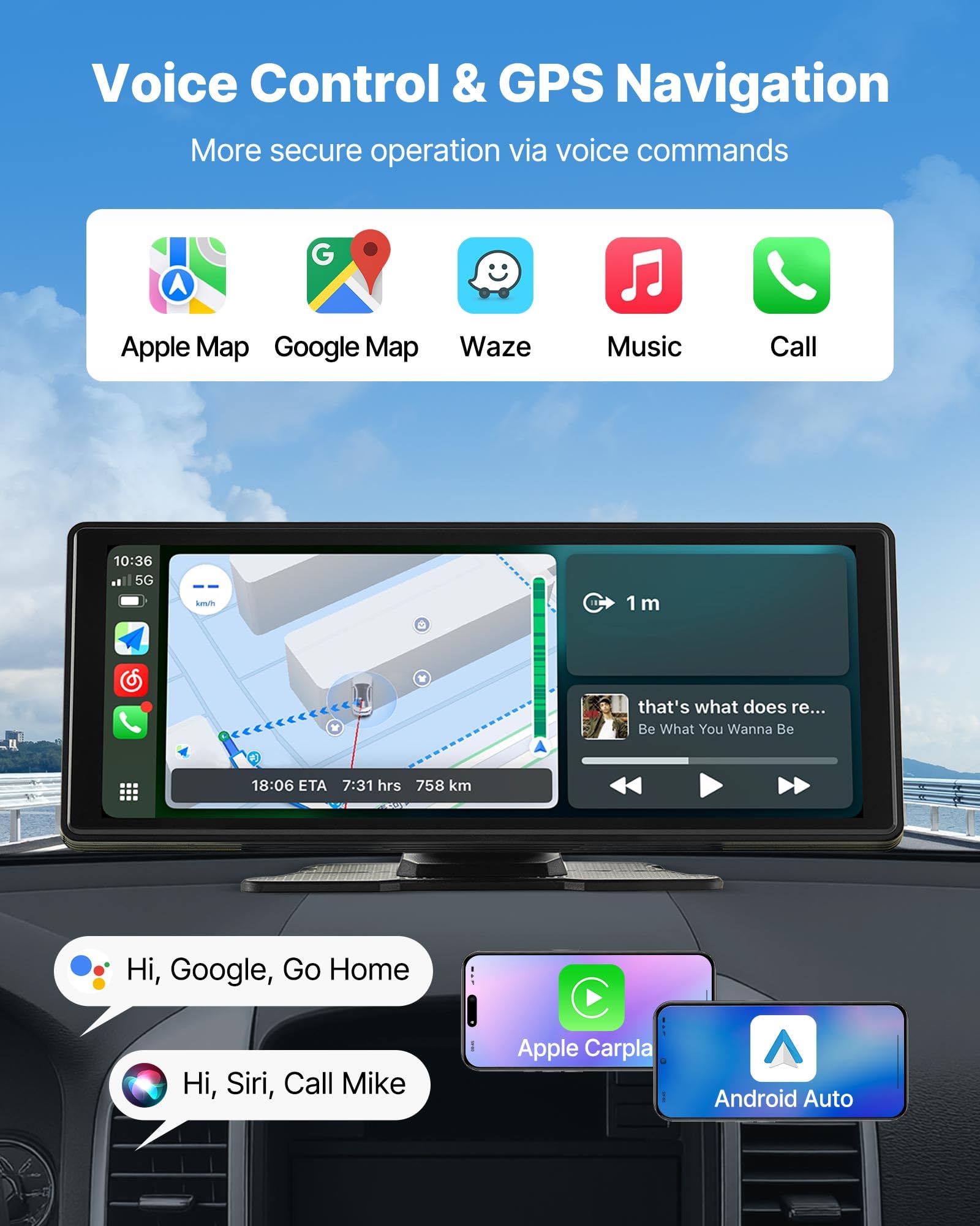 VEVOR Autoradio sans Fil, Écran Central Tactile HD 25,4 cm, Compatible avec Apple CarPlay et Android Auto, Commande Vocale, Mirror Link, Bluetooth, Navigation GPS, Accessoires pour Voitures Camions