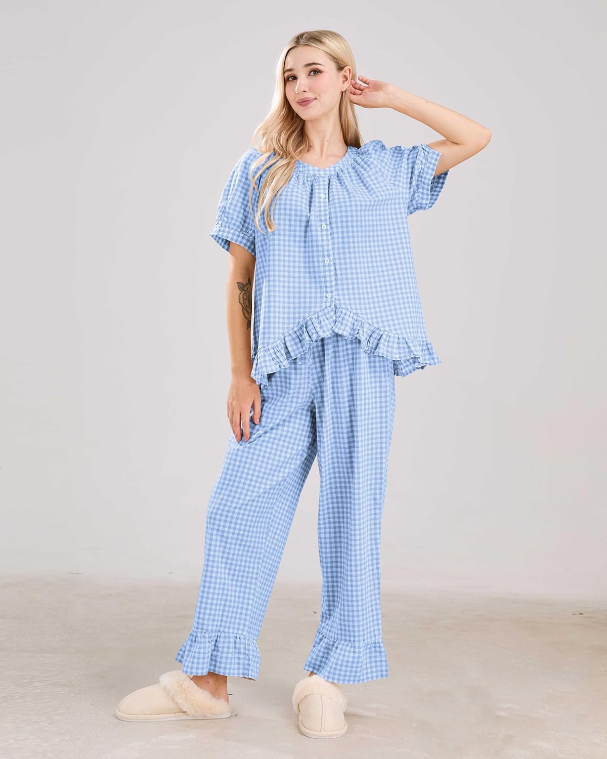 Womens Gingham Pajama Set 2 Piece Short Sleeve Babydoll Shirt and Pants Lounge Set Cute Sleepwear - Image 4