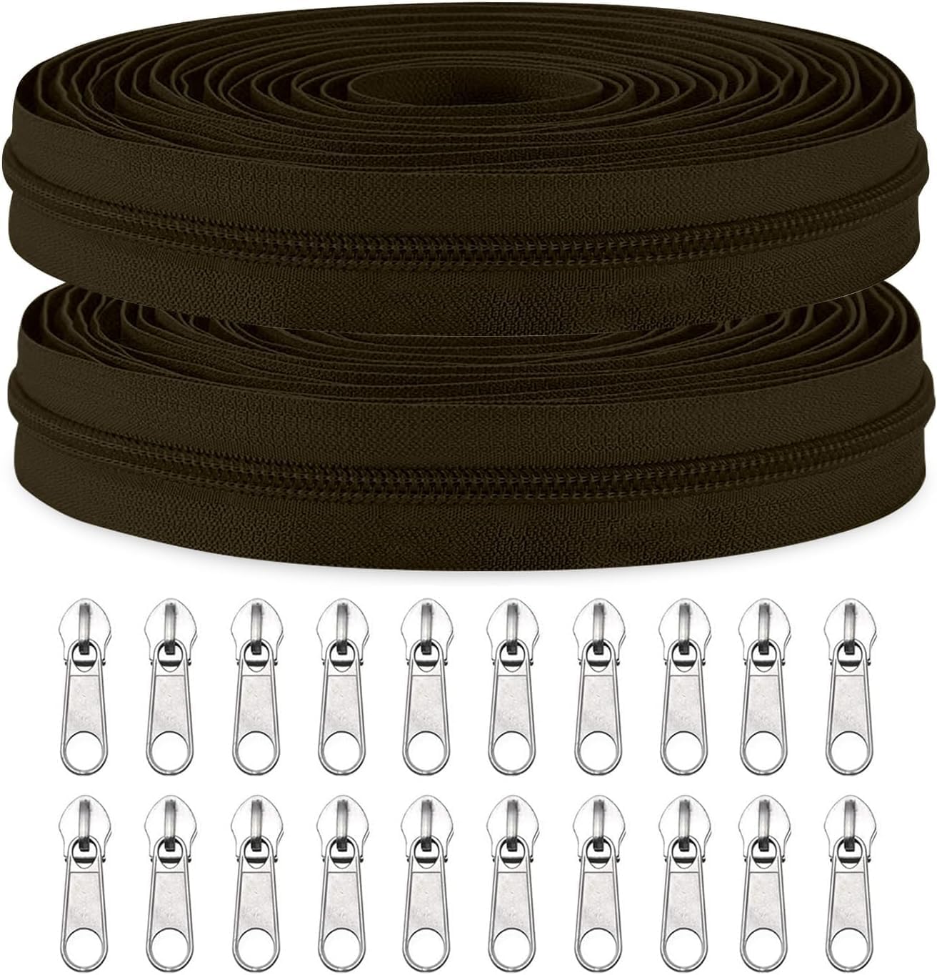 Sawoake 10 Yards Bulk #3 BrownishBlack Nylon Coil Zip with 20 Pieces Sliders Replacement Sewing Zip for DIY Crafts Bags Clothing Home Decor