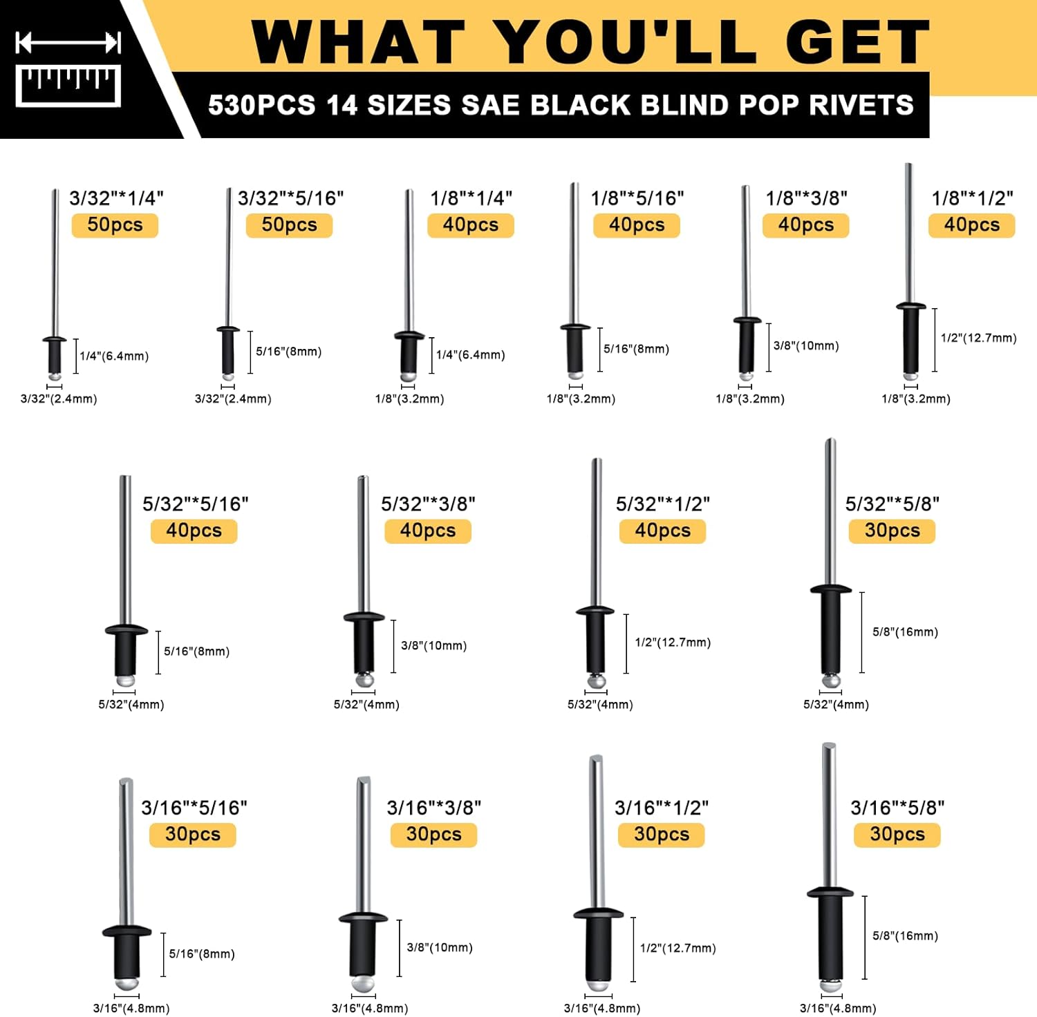 Siptenk 530PCS Black Pop Rivets Assortment Kit, SAE Aluminum Assorted Blind Rivet Set 14 Sizes 3/32" 1/8" 5/32" 3/16" Pop Rivet Kit for Metal