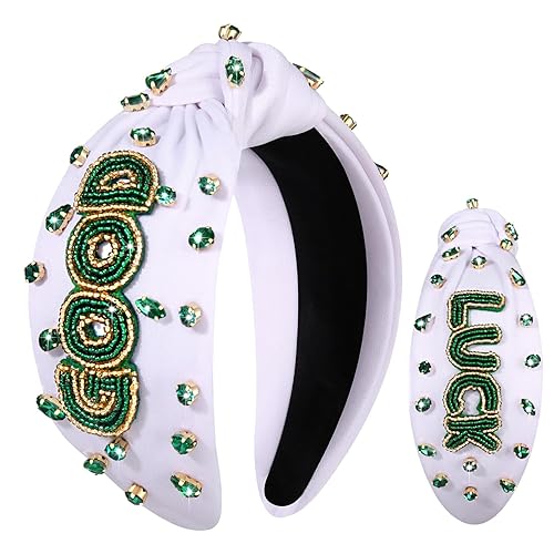 NVENF Diadema para el día de San Patricio para mujer, diseño de trébol verde, con diamantes de imitación de hoja de la suerte, adornado con nudo