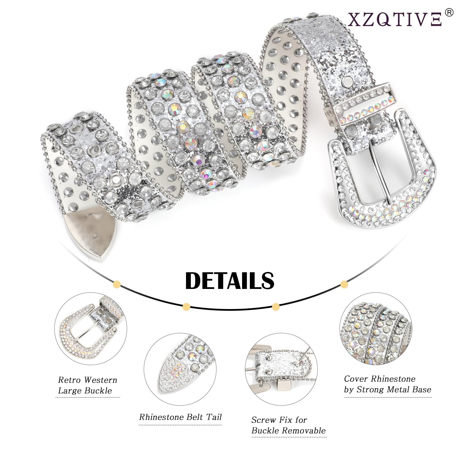 Cinturones de cuero con tachuelas de vaquera para pantalones vaqueros con diamantes de imitación y hebilla de plata occidental, unisex, plata (hebilla de plata) 5