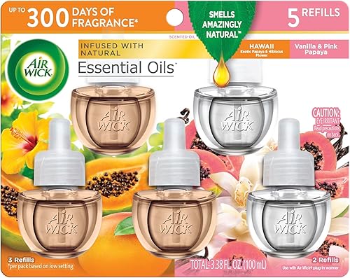 Air Wick Repuesto de aceite perfumado enchufable, 5 unidades, Hawaii y vainilla y papaya rosa, ambientador, aceites esenciales