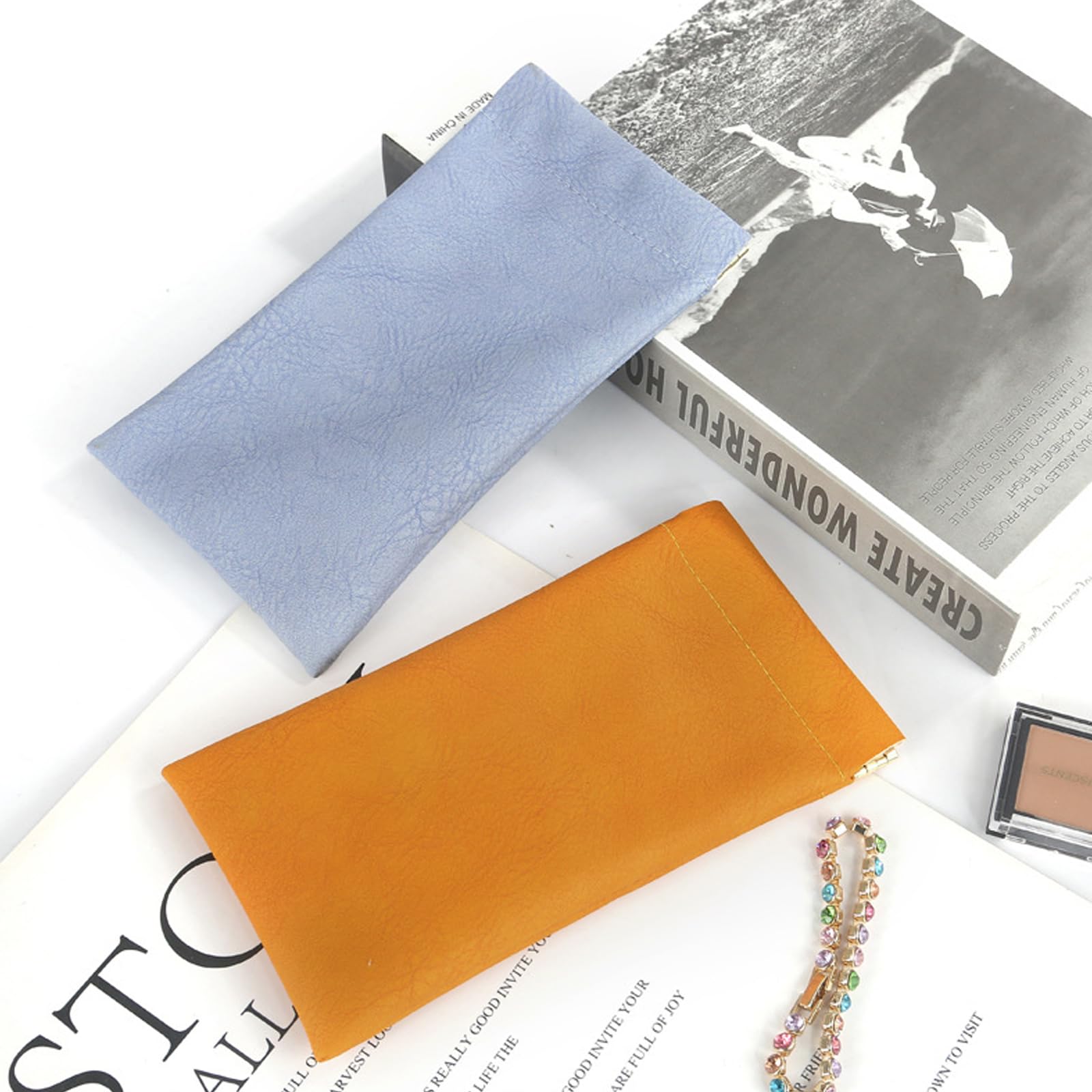 4-teiliges Brillenetui, Weiches Brillenetui Leder, 2-teilige Kopfhörer-Aufbewahrungstasche, Brillen Tasche für Sonnenbrille, Unisex, Orange, Rosa, Blau, Grün