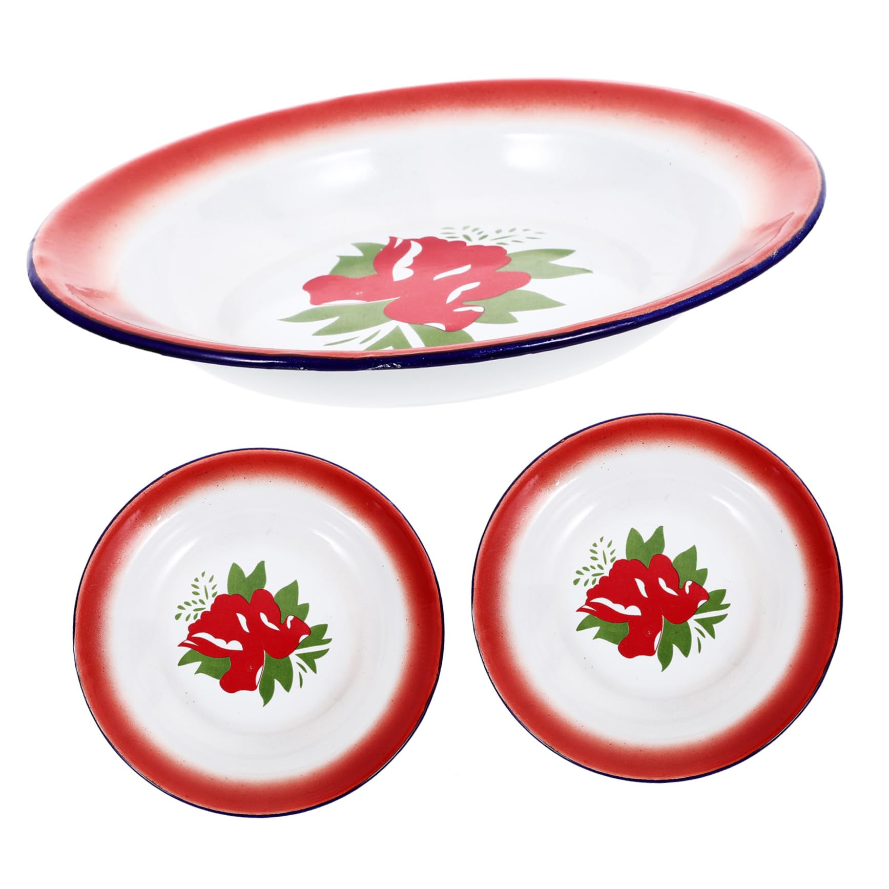 Assiettes en émail vintage 20 cm HEMOTON | Lot de 3 assiettes rondes fleuries pour repas