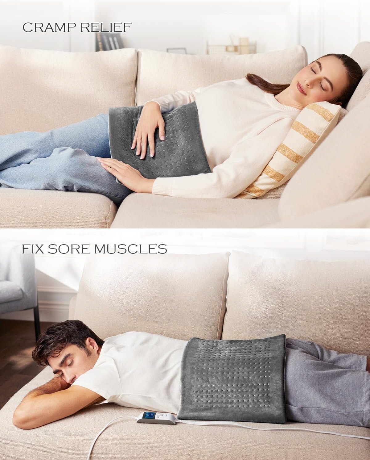 Boncare LCD Digital Control Extra Large Heating Pads for Back Pain Relief and Cramps with Auto Shut Off Fomentera de Calor Super Soft Moist/Dry Heat 12” x 24” (Light Gray)