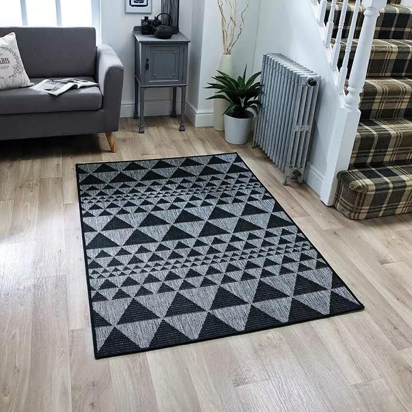 Washable Anti-Slip Rug for Indoor & Outdoor | Durable Kitchen, Hallway & Patio Rug | Water-Resistant, Fade-Resistant Flatweave | Geometric Design, Easy to Clean (Prism Black, 60x180cm (Runner))