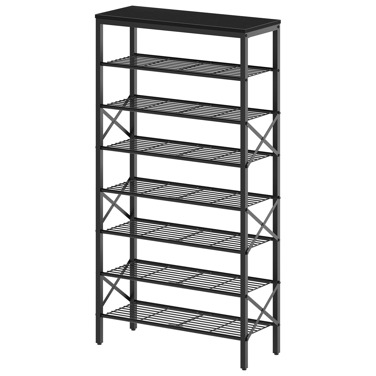 YATINEY 8 Tier Shoe Rack in a hallway, filled with various shoes and a bag on top.