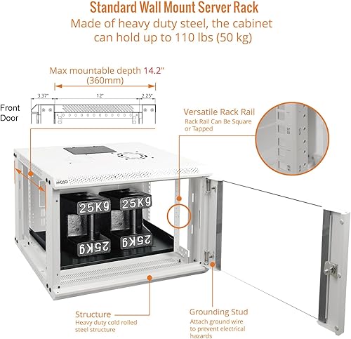 Miniatura 4 de Gabinete de red de rack de montaje en pared 6U para equipos de TI de 19 pulgadas, con puerta de vidrio con cerradura y paneles laterales, ventilador
