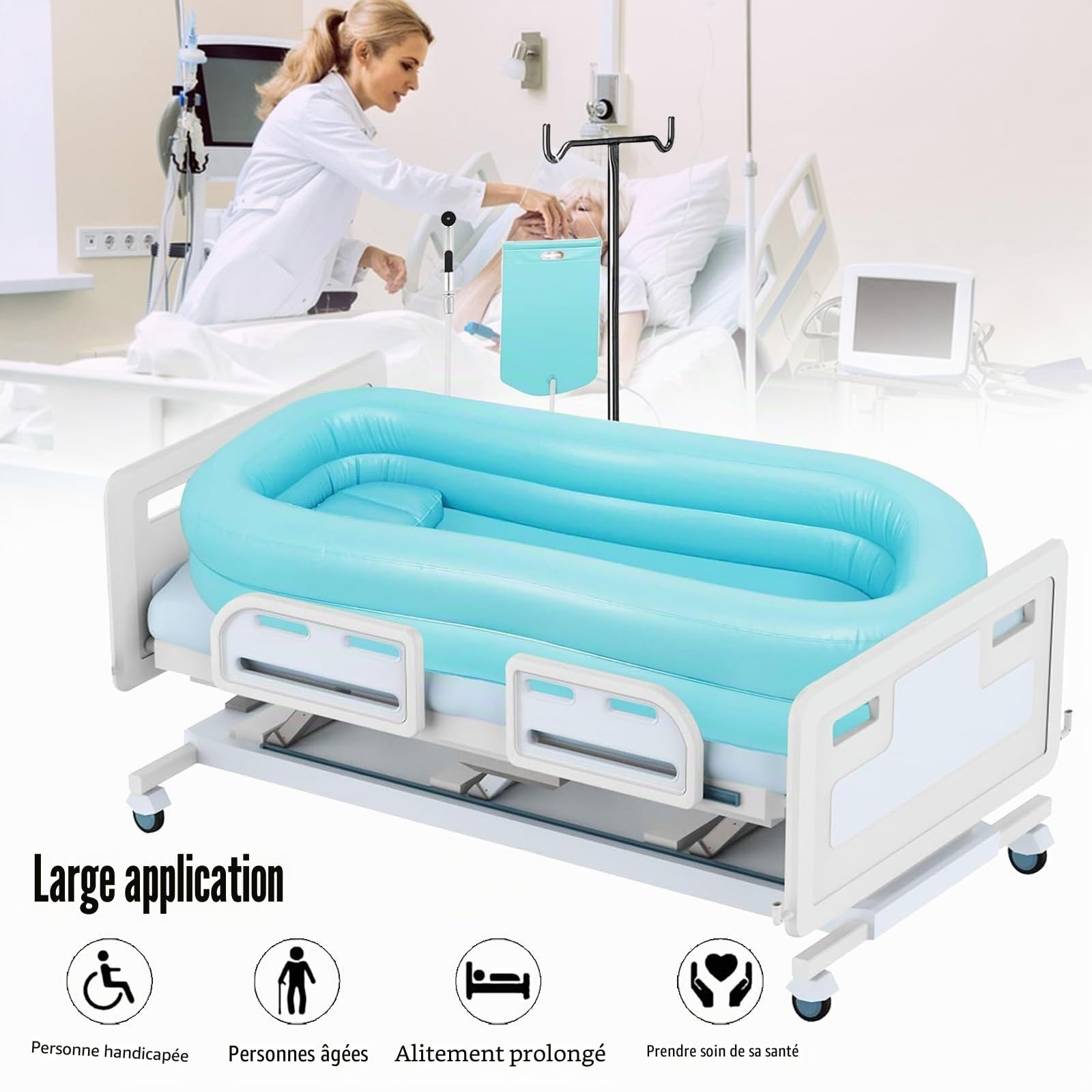 Kit de Baignoire Médicale Gonflable, Système de Douche Portable avec Pompe à Air électrique et Sac à Eau