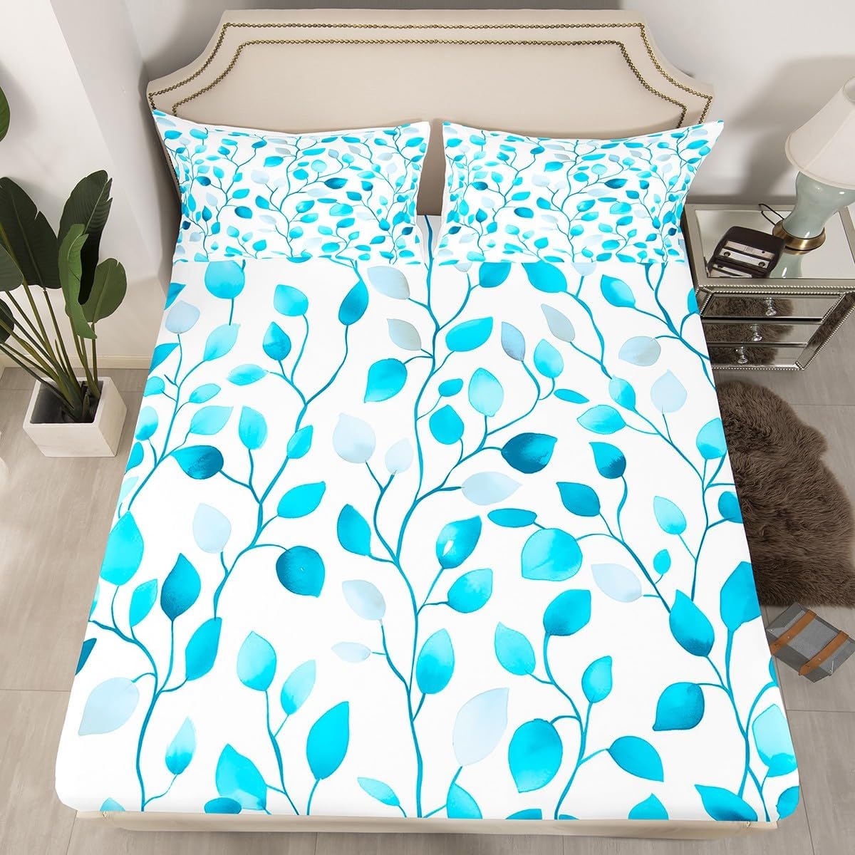 Erosebridal Chic Abstract Flower Twin Fitted Sheet Tropical Leaves Bedding, Hippie Floral Bed Sheets Summer Garden Plant Bed Cover, White Blue Grey Bed Set Kids Room Decor (Deep Pocket)