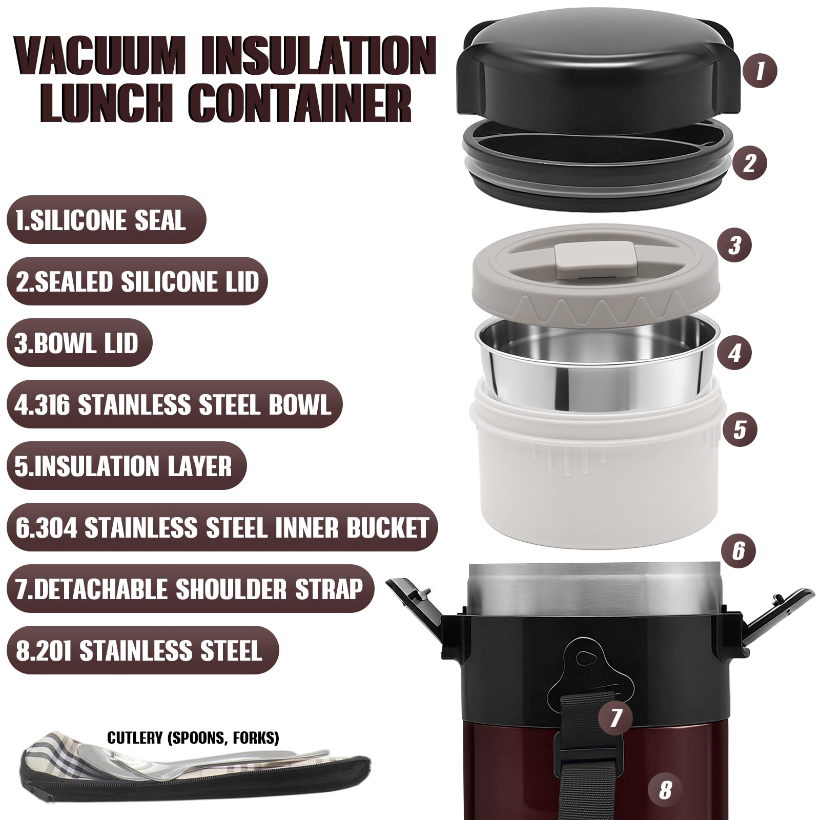 Termo para Comida Caliente 2.6L, con 4 Compartimentos Separados, Fiambrera Térmica para Comida Caliente, Con Cubiertos y Bolsa Térmica, Ideal para Trabajo, Estudiantes y Trabajadores(Rojo)