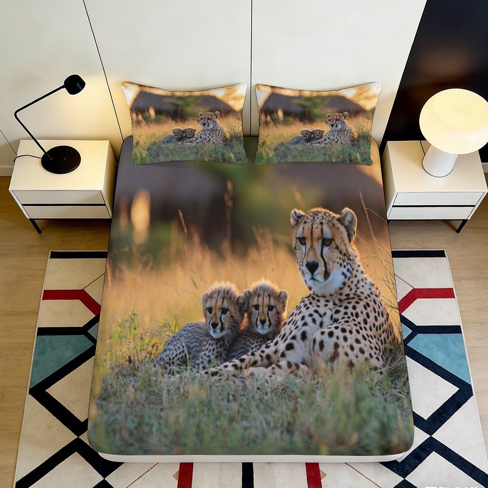3D Printed Cheetah Family Fitted Sheet Microfiber Soft Durable Leopard Print Bed Cover for Bedroom Dormitory Guest Room Mattress Protection 180x200x25cm