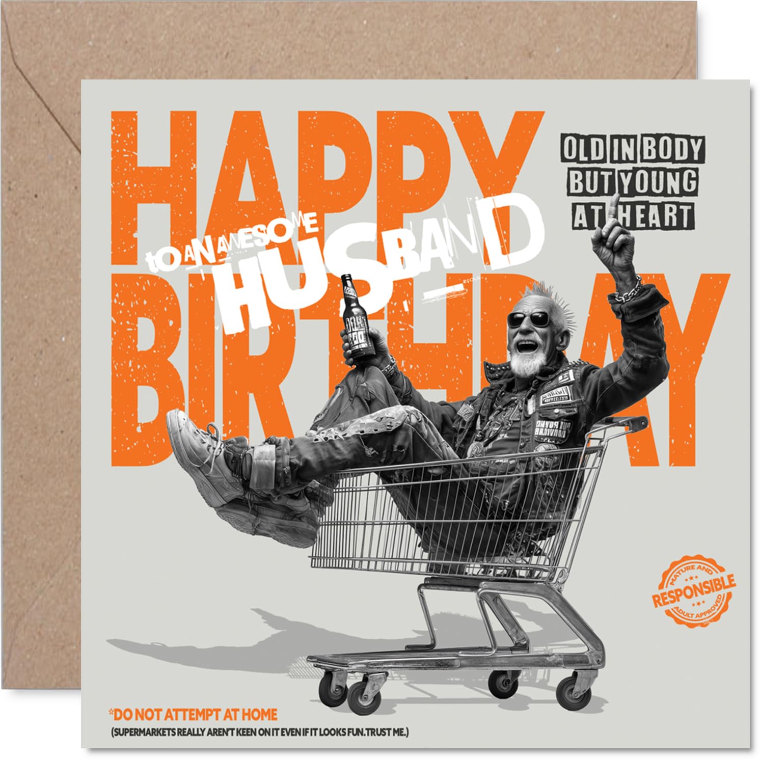 Playful Birthday Card for Husband - Bursting with Laughs - Man Riding Shopping Trolley Design with Tongue-in-cheek Birthday Warning - 145mm Square, Envelope Included