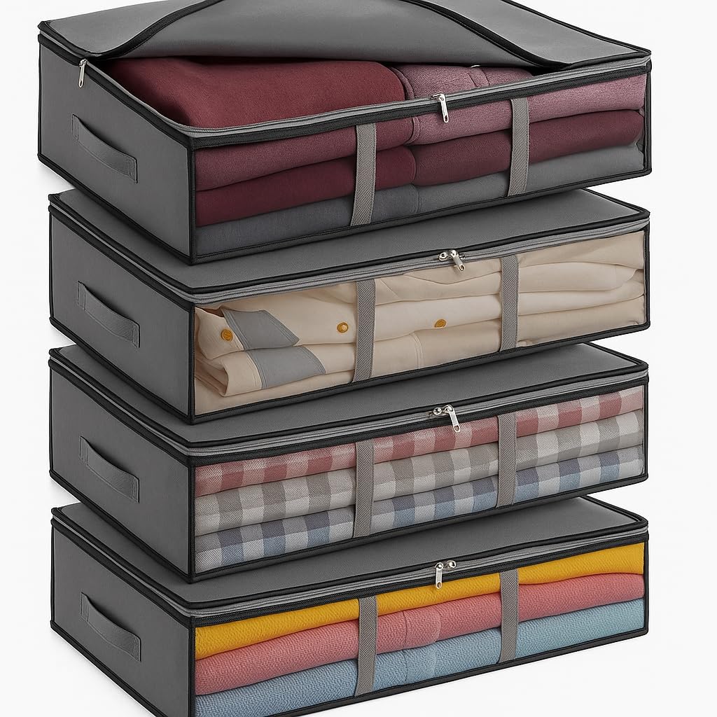 Y.H BLISSHAVEN 4-Pack Under Bed Storage Boxes 38L with Lids Clear Windows Foldable Clothes Organiser for Bedding Clothing Home Fits Under Bed Frame