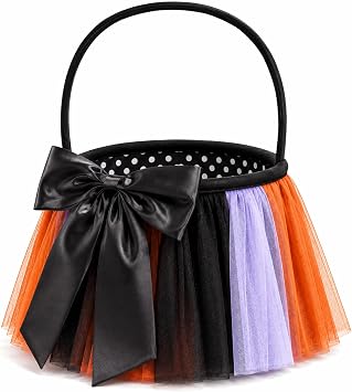 Halloween Light Up Trick or Treat Basket, LED Candy Bucket with Bowknot Tulle Skirt, Glowing Halloween Bucket for Girls, Collapsible Reusable Halloween Candy Bag for Trunk or Treat Decoration Black