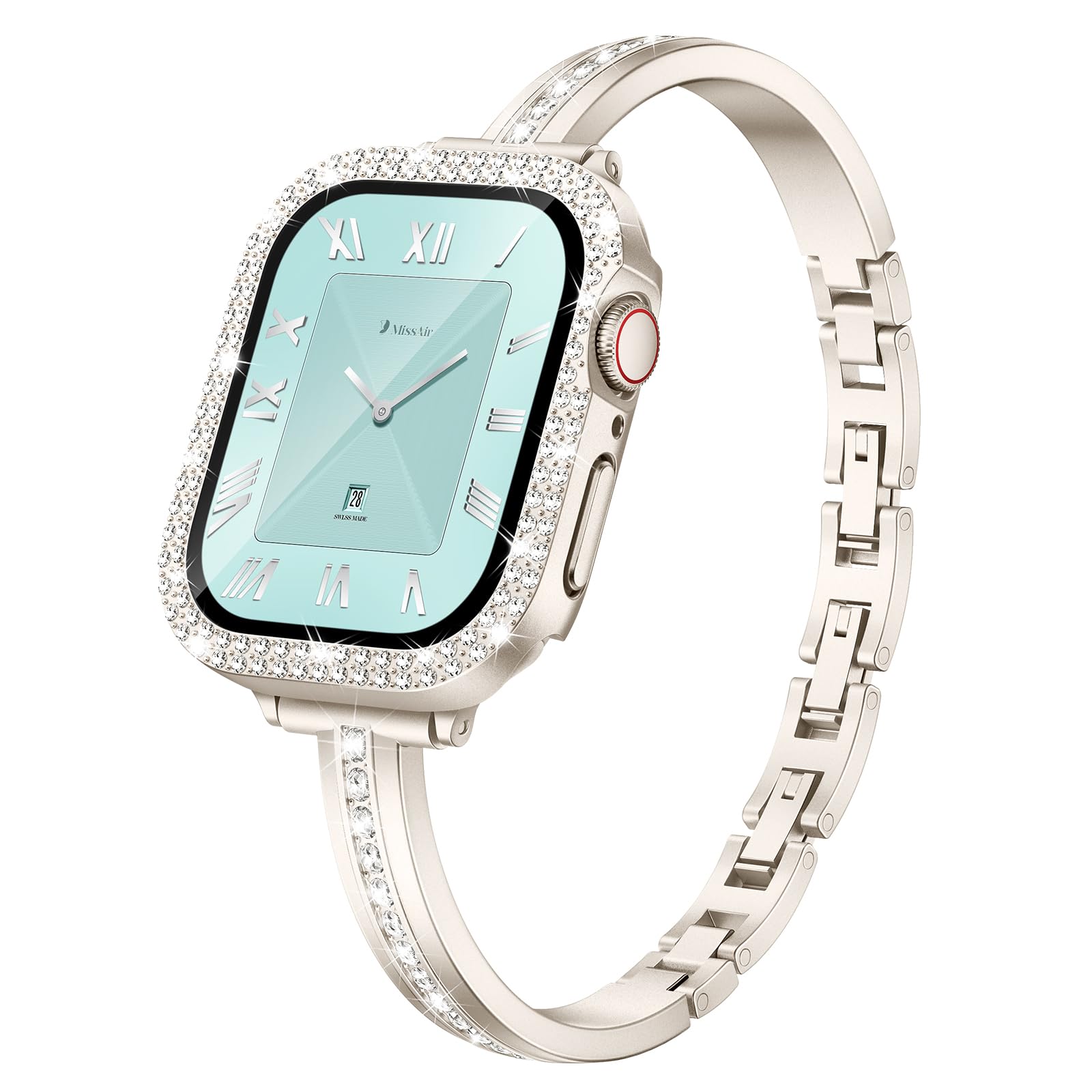Missair Bands with Screen Protector Case Compatible for Apple Watch Band 40mm 41mm 44mm 45mm, Slim Metal Jewelry Bracelet Strap with Bling Diamond
