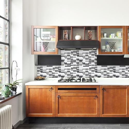 Miniatura 3 de Adhesivo de mosaico para despegar y pegar, azulejos de cocina, adhesivo de pared de baño, 11 x 9.25 pulgadas, diseño de mármol (negro blanco y gris
